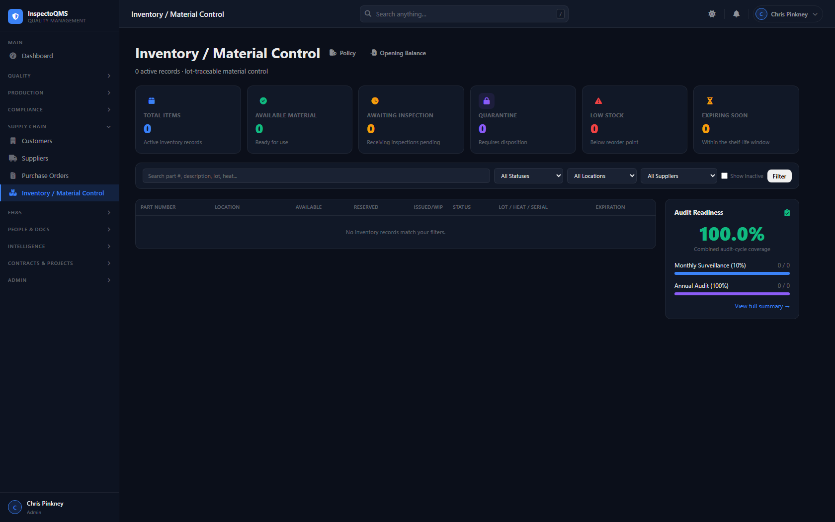 InspectoQMS Inventory and Material Control dashboard